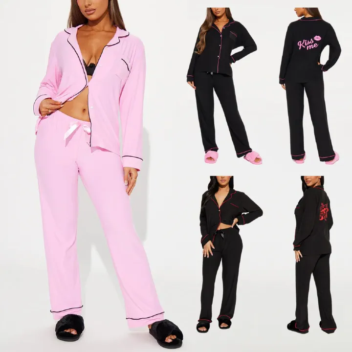 Good Quality Plus Size Women Pink Pajama Set 2 Piece Lounge Set Short Sleeve Tops Ladies Black Long Loose Pants Soft Sleepwear KISS Print Homewear Outdoor Wear Best Gifts for Women M120
