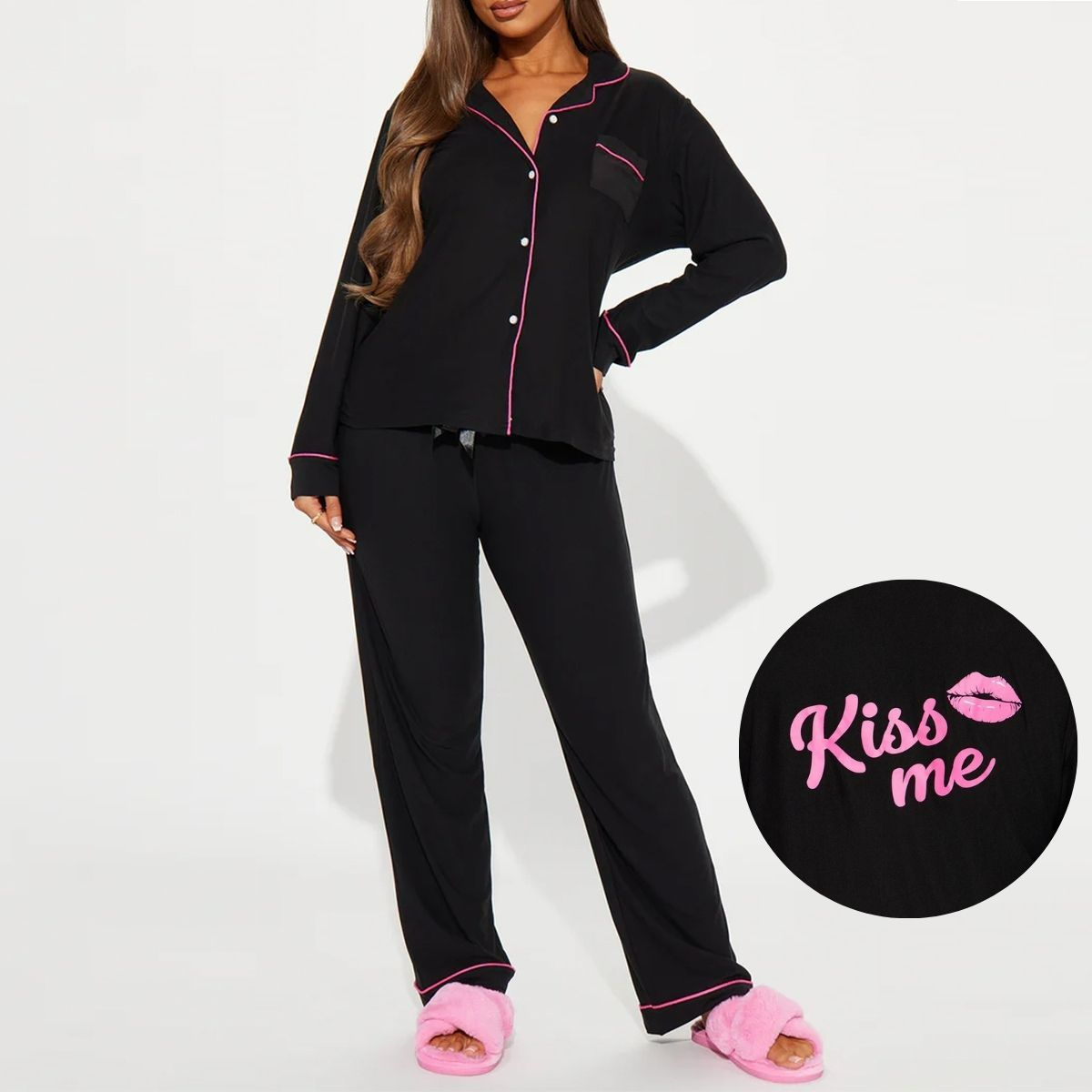 Good Quality Plus Size Women Pink Pajama Set 2 Piece Lounge Set Short Sleeve Tops Ladies Black Long Loose Pants Soft Sleepwear KISS Print Homewear Outdoor Wear Best Gifts for Women M120