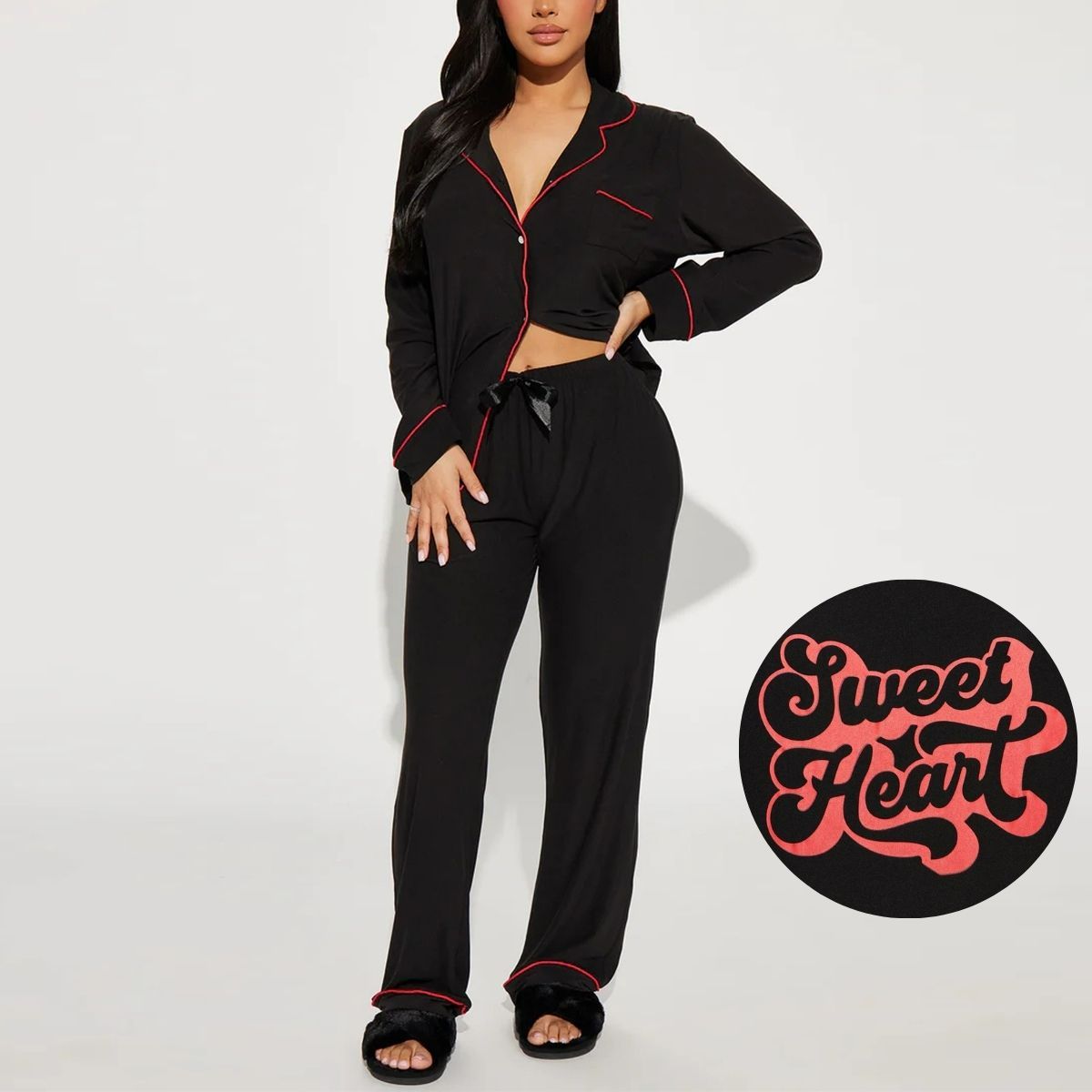 Good Quality Plus Size Women Pink Pajama Set 2 Piece Lounge Set Short Sleeve Tops Ladies Black Long Loose Pants Soft Sleepwear KISS Print Homewear Outdoor Wear Best Gifts for Women M120