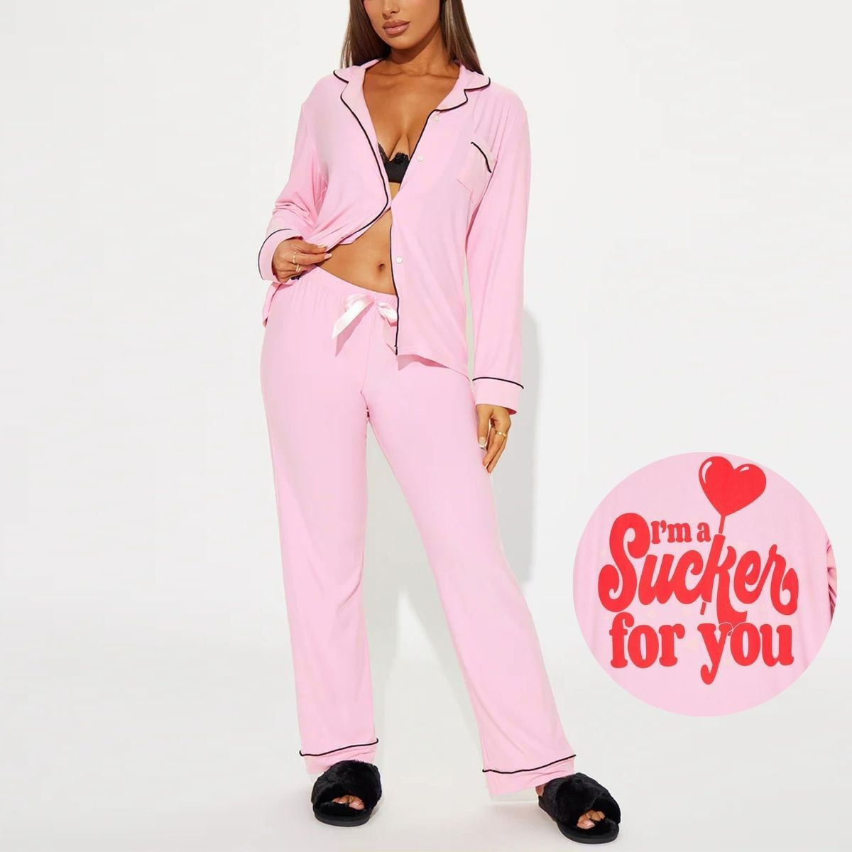 Good Quality Plus Size Women Pink Pajama Set 2 Piece Lounge Set Short Sleeve Tops Ladies Black Long Loose Pants Soft Sleepwear KISS Print Homewear Outdoor Wear Best Gifts for Women M120