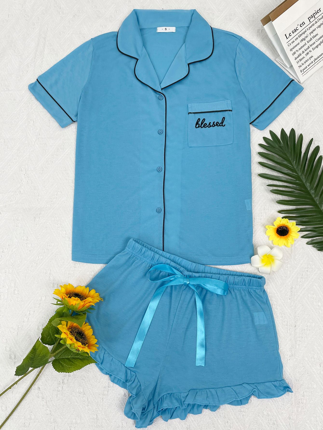 Good Quality Women Summer Pink Pajama Set 2 Piece Lounge Set Short Sleeve Tops Ladies Blue Short shorts Soft Sleepwear Plus Size Comfortable Homewear Outdoor Sports Wear Best Gifts for Women M121