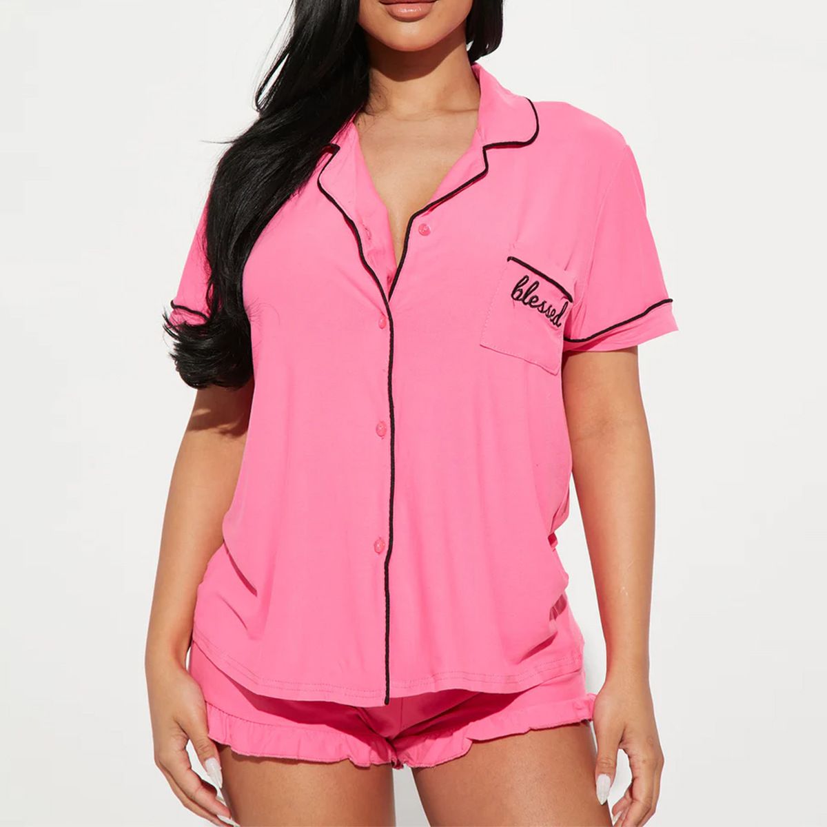 Good Quality Women Summer Pink Pajama Set 2 Piece Lounge Set Short Sleeve Tops Ladies Blue Short shorts Soft Sleepwear Plus Size Comfortable Homewear Outdoor Sports Wear Best Gifts for Women M121