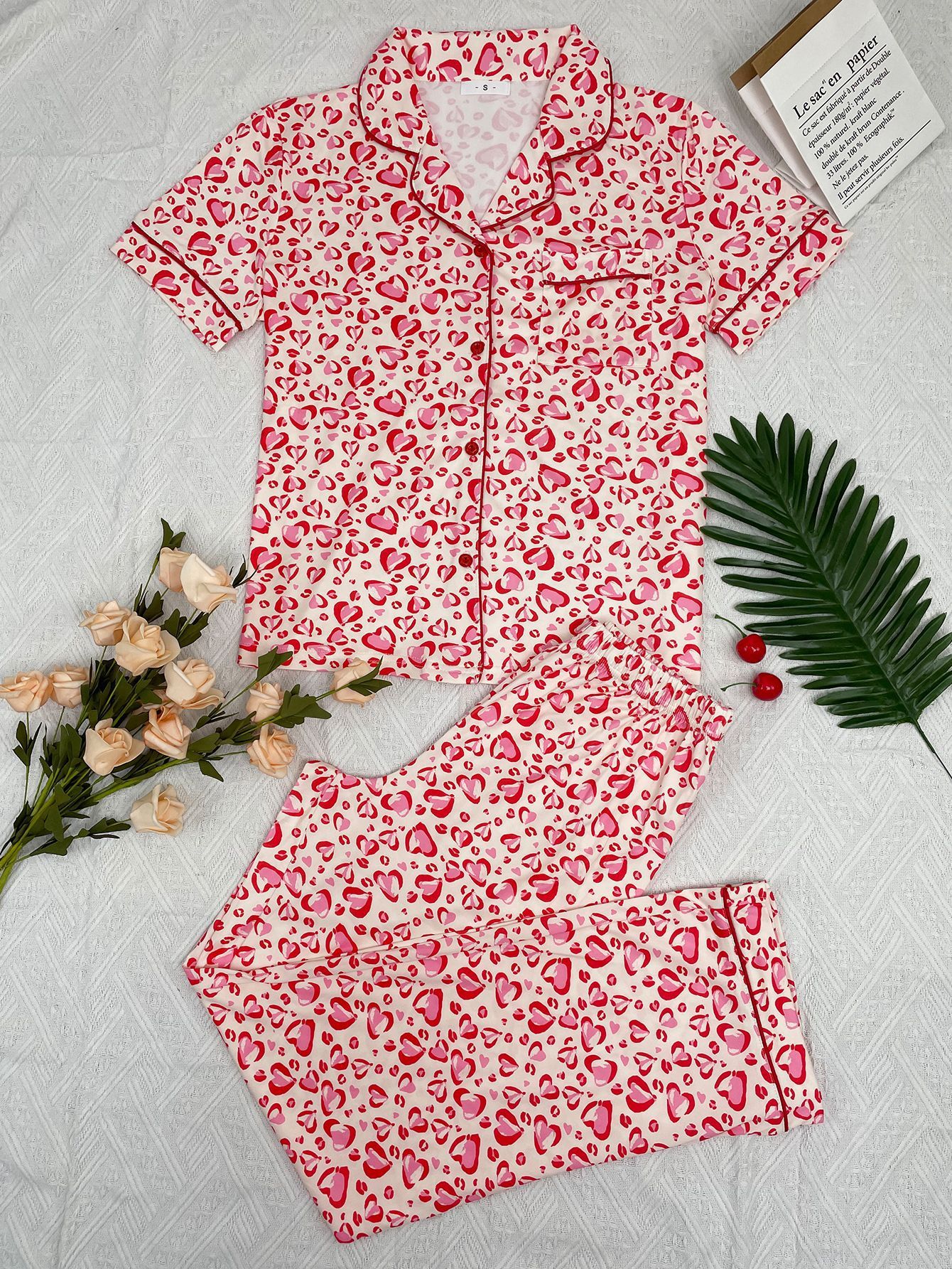 Good Quality Plus Size Women Pink Pajama Set 2 Piece Lounge Set Short Sleeve Tops Ladies Black Long Loose Pants Soft Sleepwear Dots Heart Leopard Print Homewear Outdoor Wear Best Gifts for Women M122