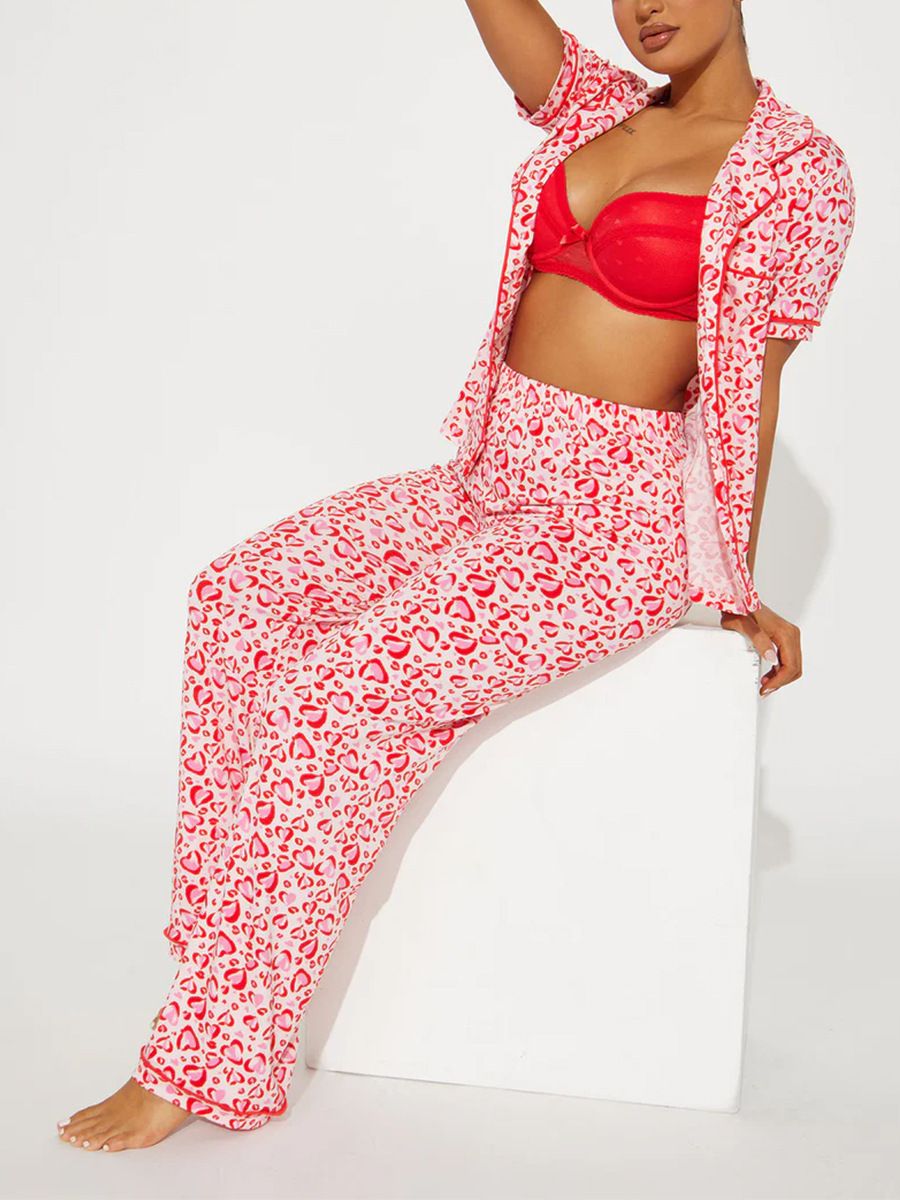 Good Quality Plus Size Women Pink Pajama Set 2 Piece Lounge Set Short Sleeve Tops Ladies Black Long Loose Pants Soft Sleepwear Dots Heart Leopard Print Homewear Outdoor Wear Best Gifts for Women M122