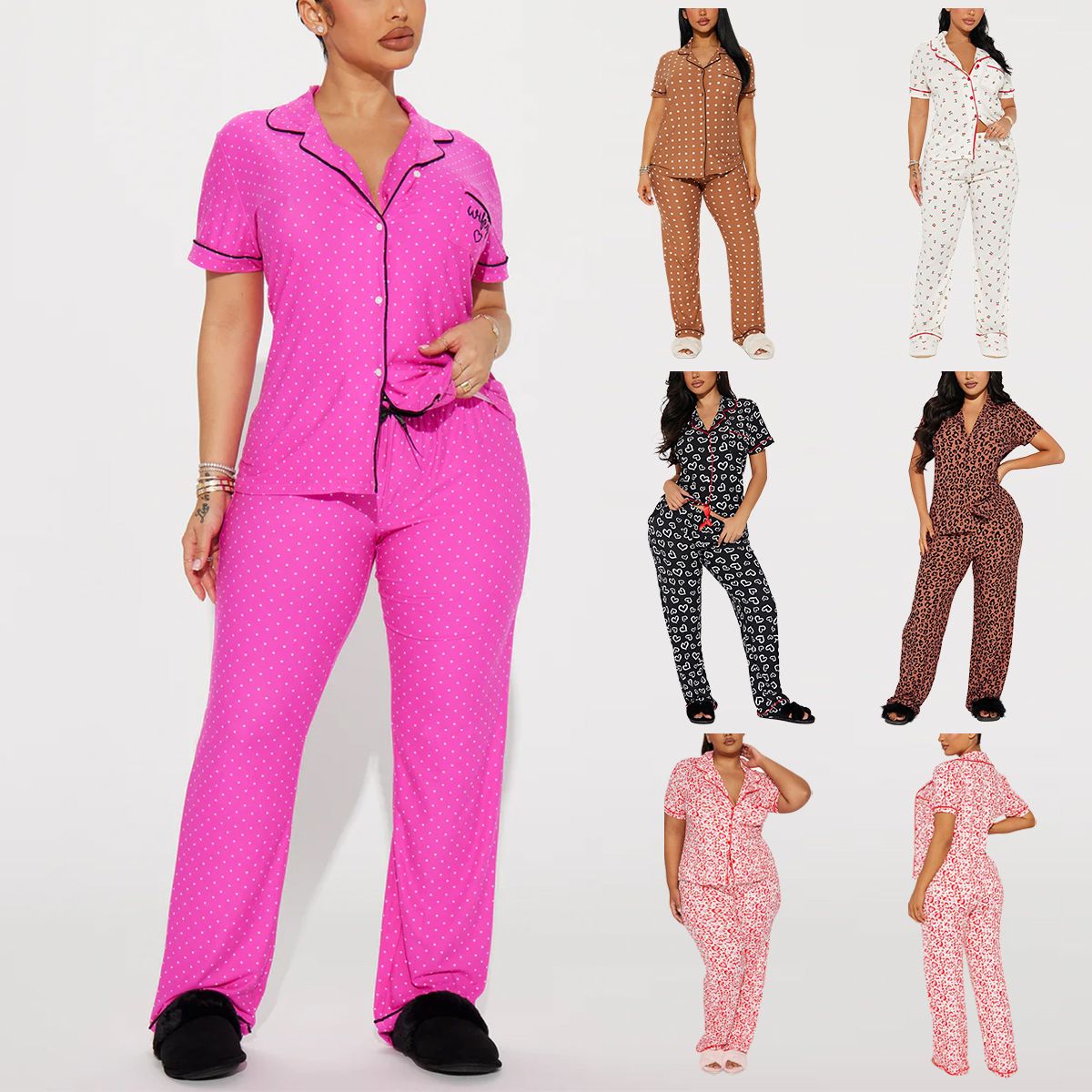 Good Quality Plus Size Women Pink Pajama Set 2 Piece Lounge Set Short Sleeve Tops Ladies Black Long Loose Pants Soft Sleepwear Dots Heart Leopard Print Homewear Outdoor Wear Best Gifts for Women M122