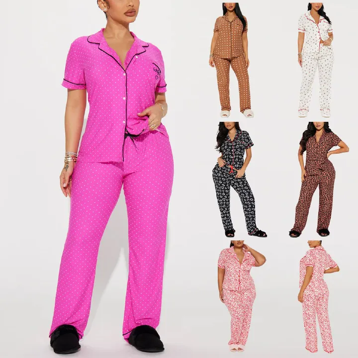 Good Quality Plus Size Women Pink Pajama Set 2 Piece Lounge Set Short Sleeve Tops Ladies Black Long Loose Pants Soft Sleepwear Dots Heart Leopard Print Homewear Outdoor Wear Best Gifts for Women M122