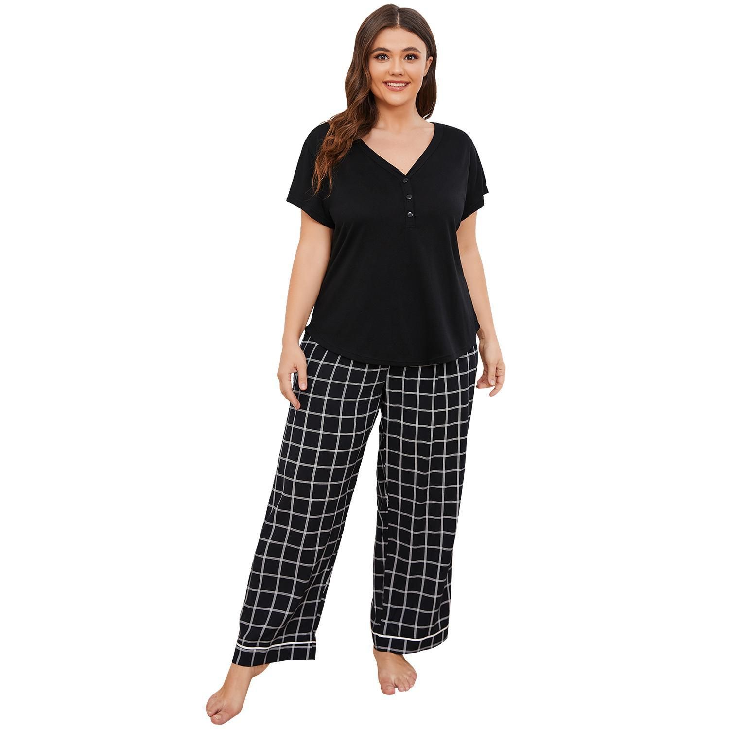 Plus Size XL-4XL Fat Women's Pajama Set Long Sleeve Down Sleepwear Soft Pjs Lounge Sets Nightwear Pjs  2 Pack Pajamas for Women Short Sleeve V Neck Pj 2 Piece Lounge Sets Plaid Leopard Print M123