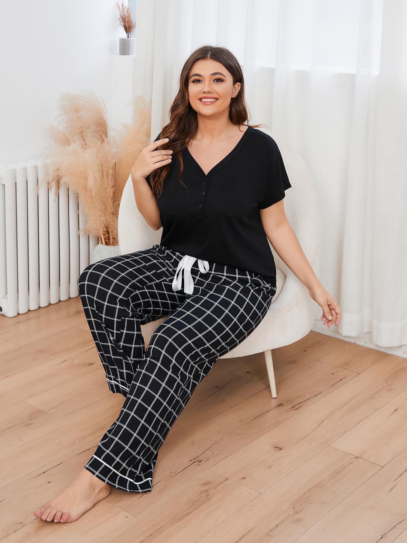 Plus Size XL-4XL Fat Women's Pajama Set Long Sleeve Down Sleepwear Soft Pjs Lounge Sets Nightwear Pjs  2 Pack Pajamas for Women Short Sleeve V Neck Pj 2 Piece Lounge Sets Plaid Leopard Print M123