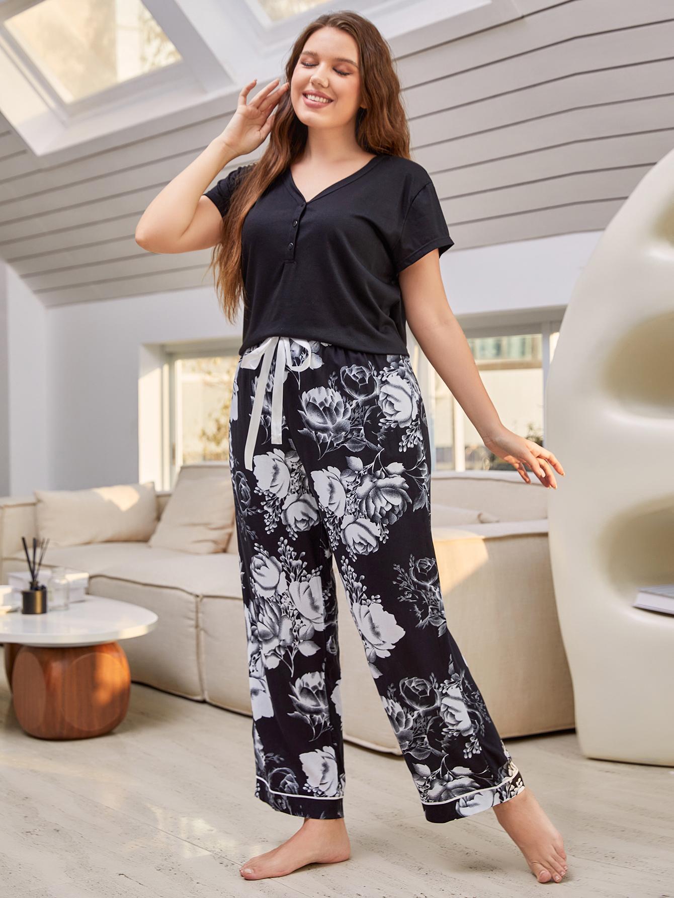 Plus Size XL-4XL Fat Women's Pajama Set Long Sleeve Down Sleepwear Soft Pjs Lounge Sets Nightwear Pjs  2 Pack Pajamas for Women Short Sleeve V Neck Pj 2 Piece Lounge Sets Plaid Leopard Print M123