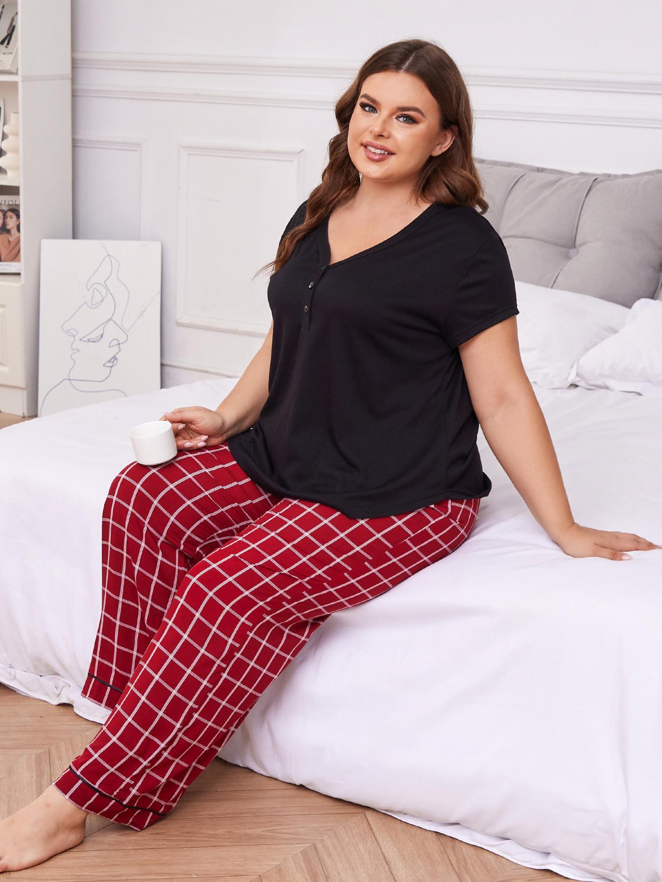Plus Size XL-4XL Fat Women's Pajama Set Long Sleeve Down Sleepwear Soft Pjs Lounge Sets Nightwear Pjs  2 Pack Pajamas for Women Short Sleeve V Neck Pj 2 Piece Lounge Sets Plaid Leopard Print M123