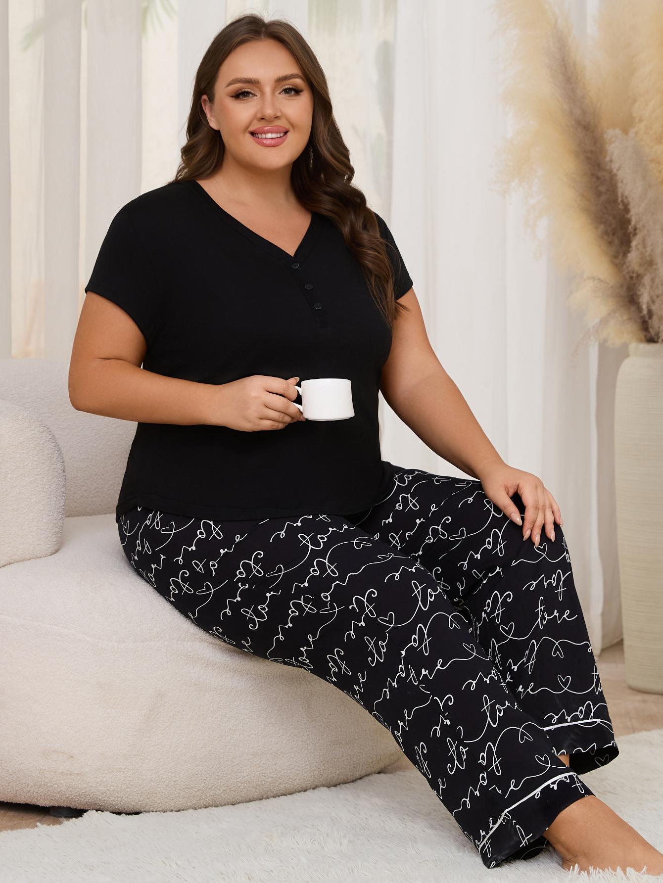 Plus Size XL-4XL Fat Women's Pajama Set Long Sleeve Down Sleepwear Soft Pjs Lounge Sets Nightwear Pjs  2 Pack Pajamas for Women Short Sleeve V Neck Pj 2 Piece Lounge Sets Plaid Leopard Print M123