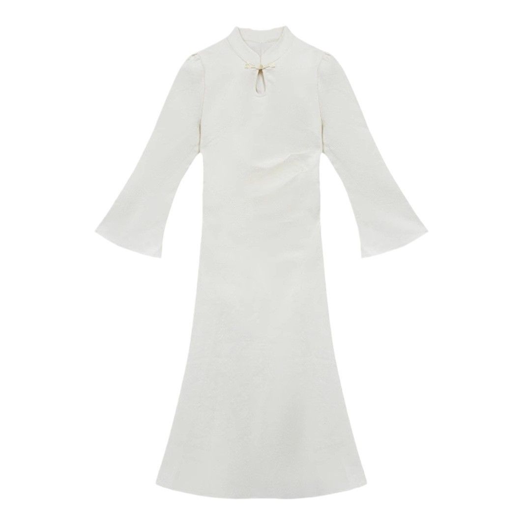 French-style cheongsam dress for women, autumn style, Hepburn-inspired little black dress, fitted waist, draping skirt