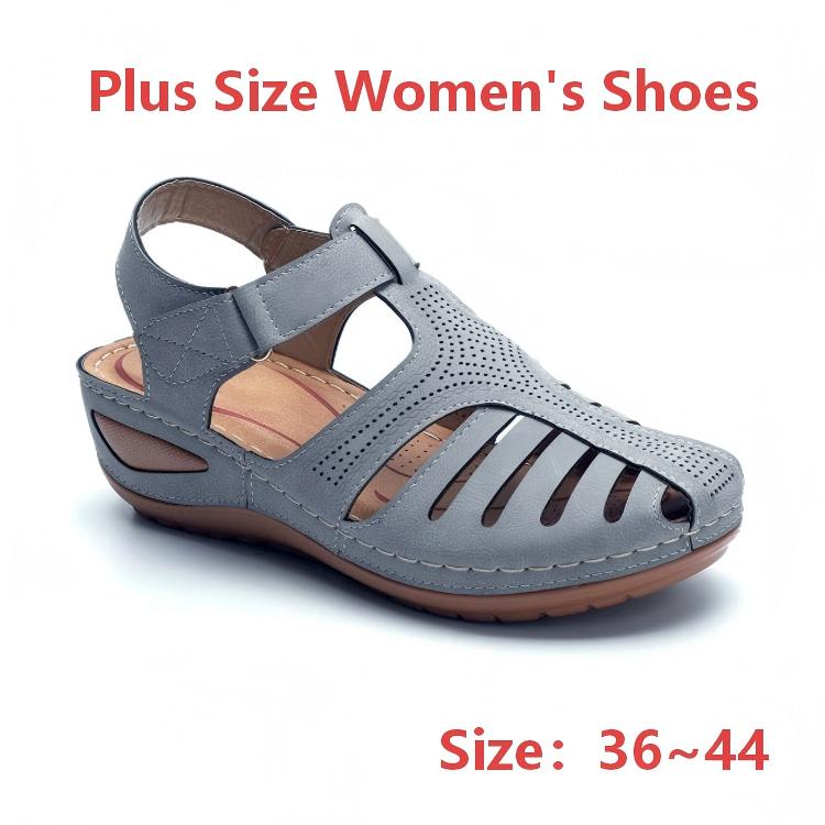 Ladies' sandals, European and American large size, hollow-out wedge heel sandals, round toe, anti-slip women's sandals Large size, suitable for fat feet, comfortable