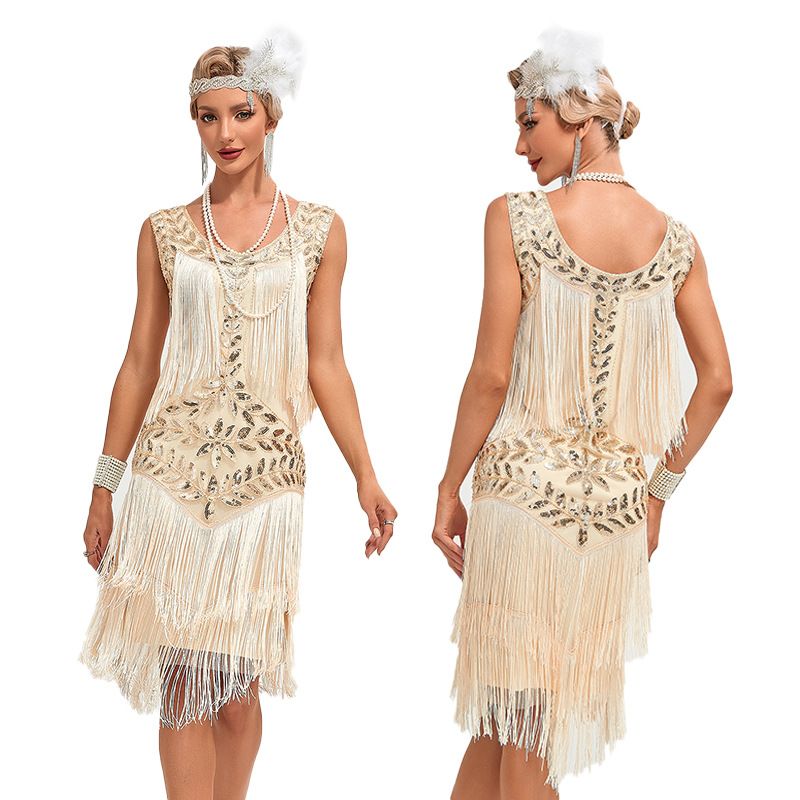 European and American 1920s vintage Gatsby ball gown, round neck, sequin beaded fringed vest, plus size dress