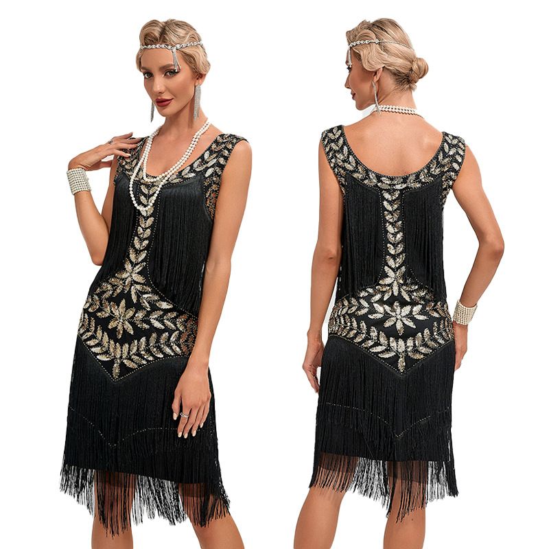 European and American 1920s vintage Gatsby ball gown, round neck, sequin beaded fringed vest, plus size dress