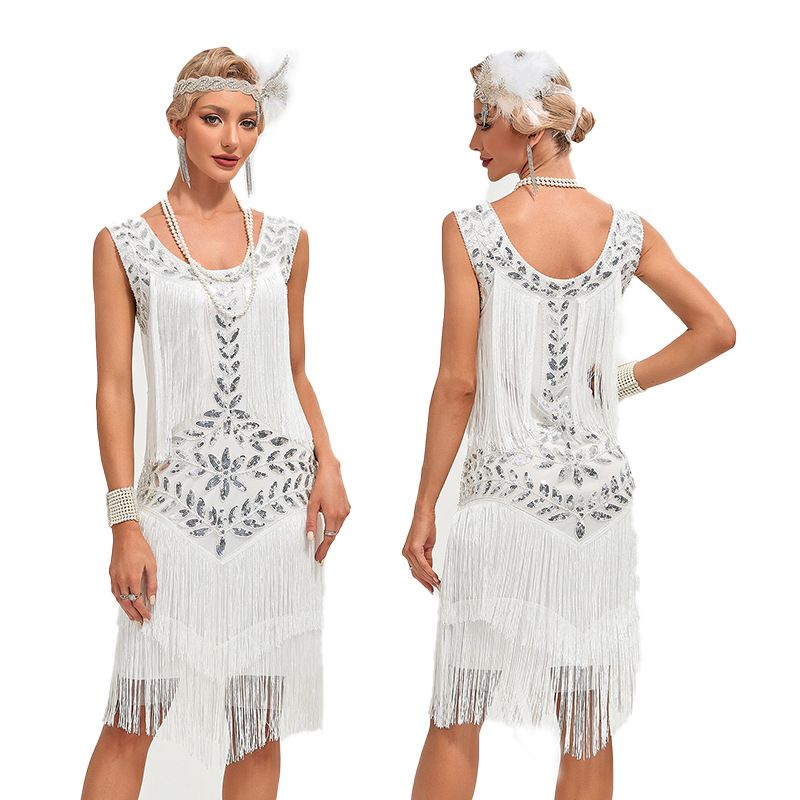 European and American 1920s vintage Gatsby ball gown, round neck, sequin beaded fringed vest, plus size dress