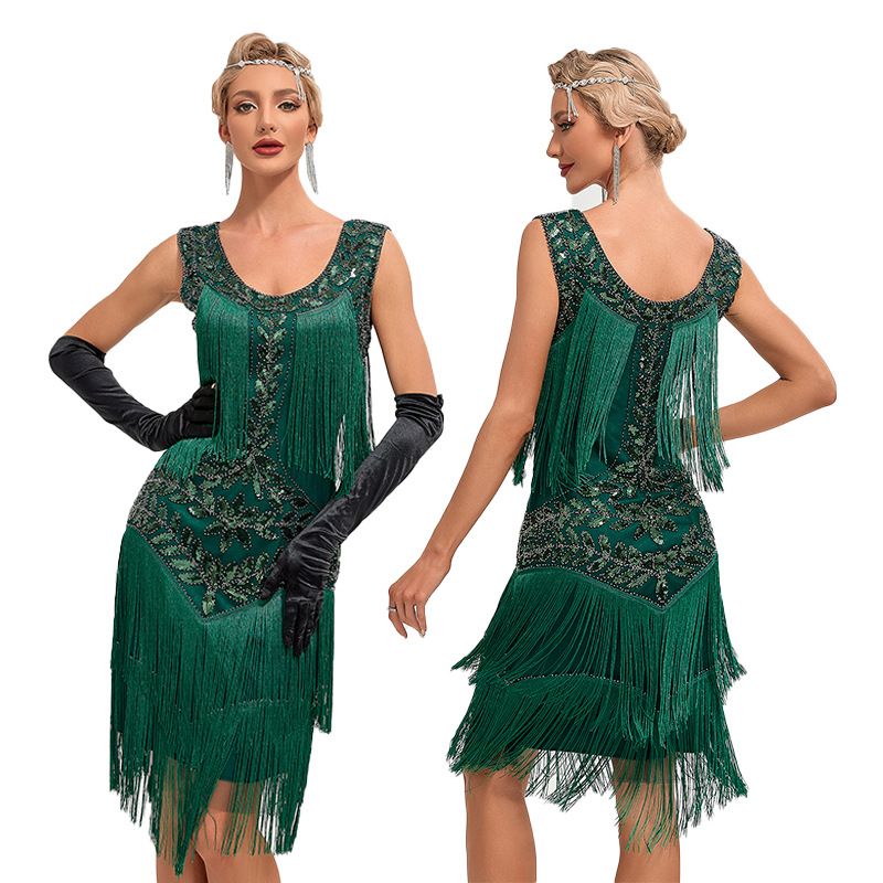 European and American 1920s vintage Gatsby ball gown, round neck, sequin beaded fringed vest, plus size dress