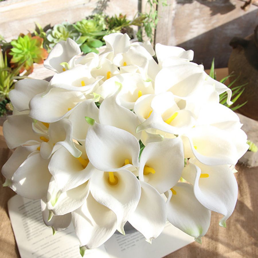 10 pieces of PU mini simulated white yellow-centered green-tailed calla lily cross-border fake flowers for brides' bouquets, home decoration, simulated plants, photography props