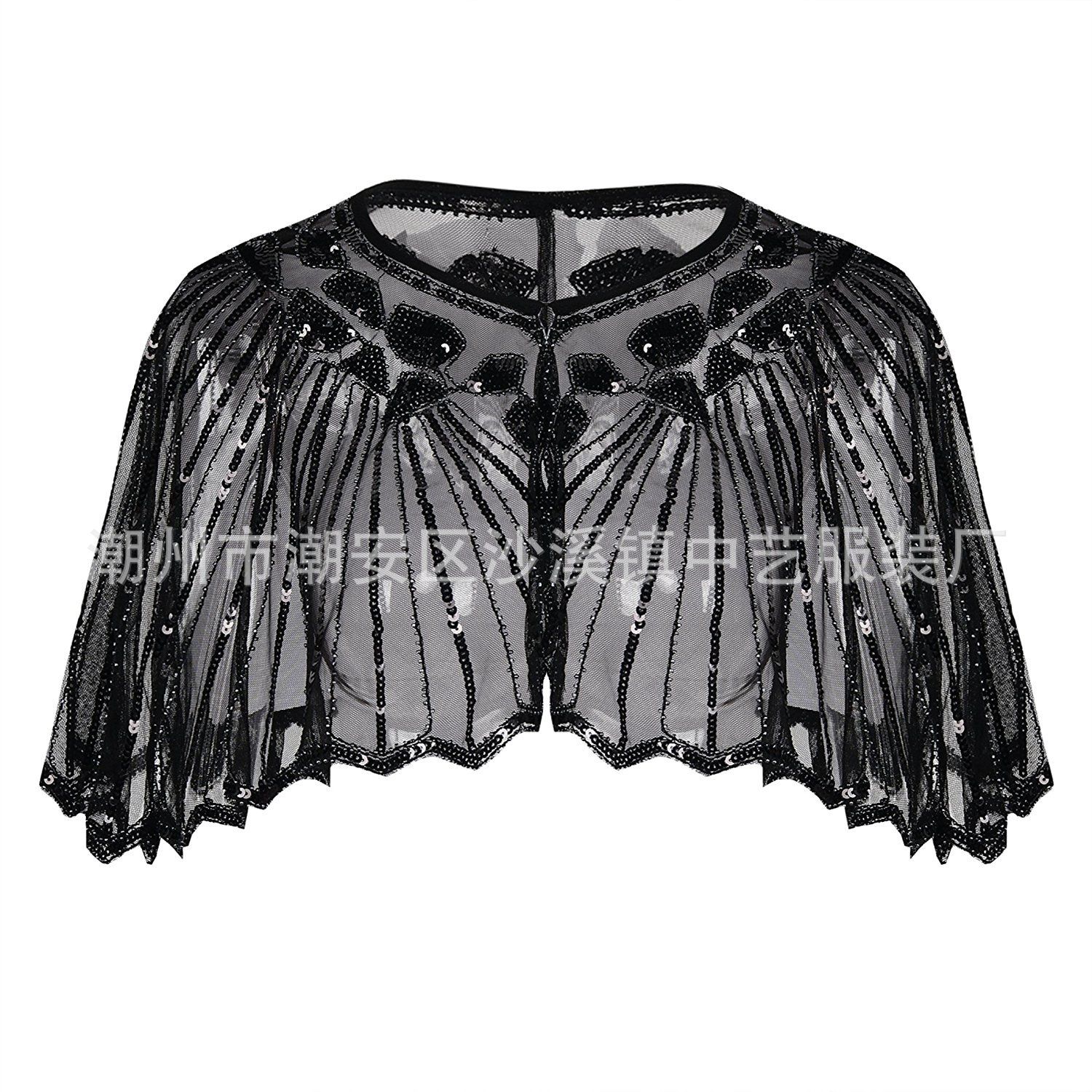 Evening gown for women, vintage sequin cut-out cloak, stage European and American dress, shawl with lace overlay