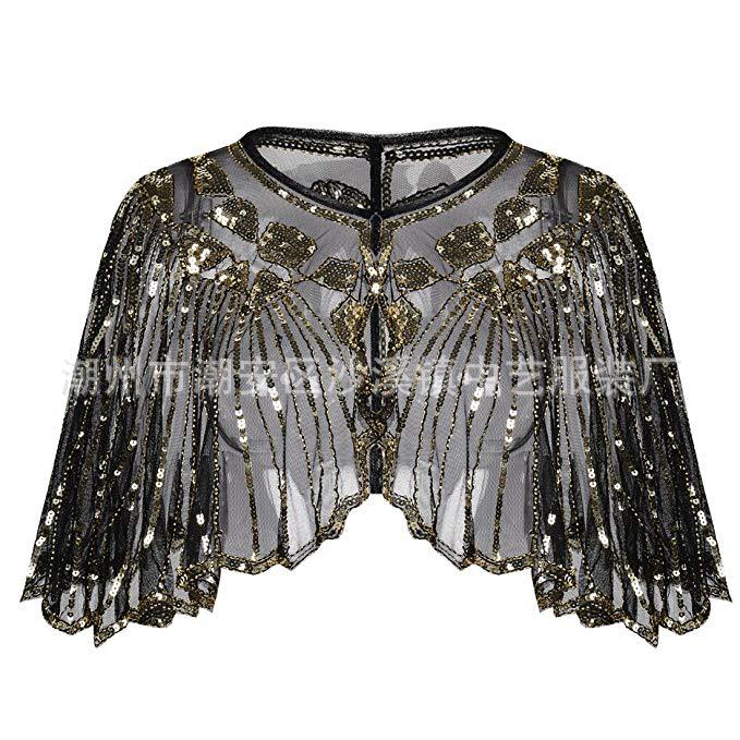 Evening gown for women, vintage sequin cut-out cloak, stage European and American dress, shawl with lace overlay