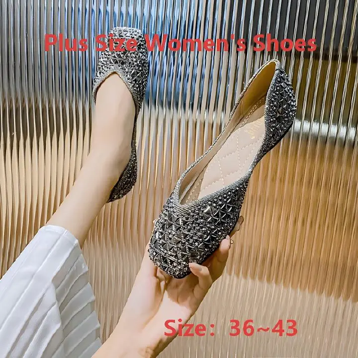 Large-size square-toe rhinestone single shoes, fully diamond-encrusted flat-soled low-heeled fairy-like gentle women's shoes