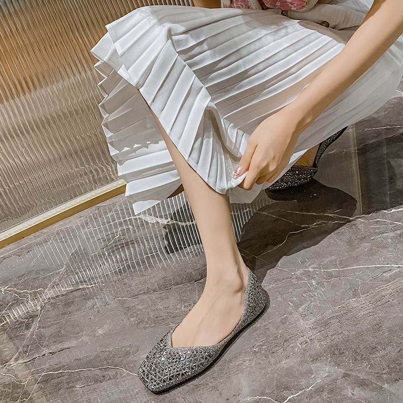 Large-size square-toe rhinestone single shoes, fully diamond-encrusted flat-soled low-heeled fairy-like gentle women's shoes