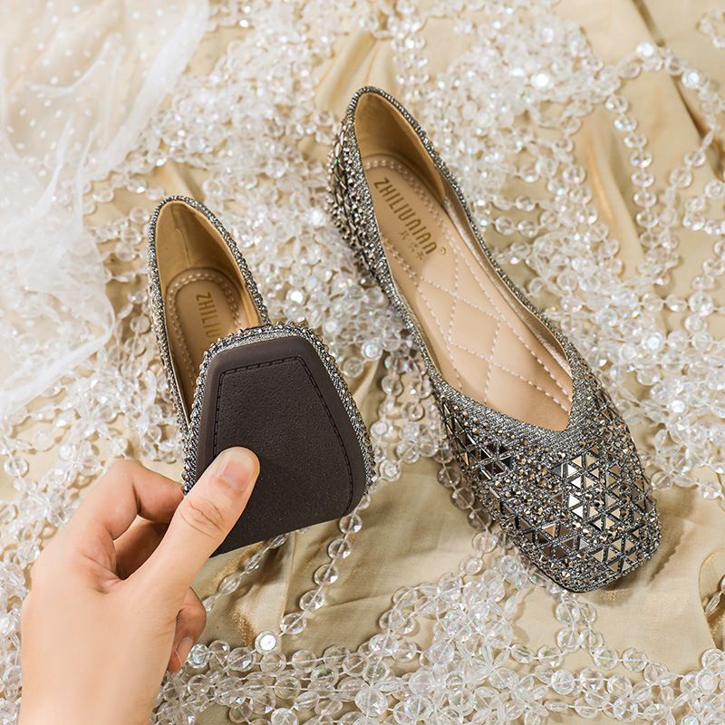 Large-size square-toe rhinestone single shoes, fully diamond-encrusted flat-soled low-heeled fairy-like gentle women's shoes