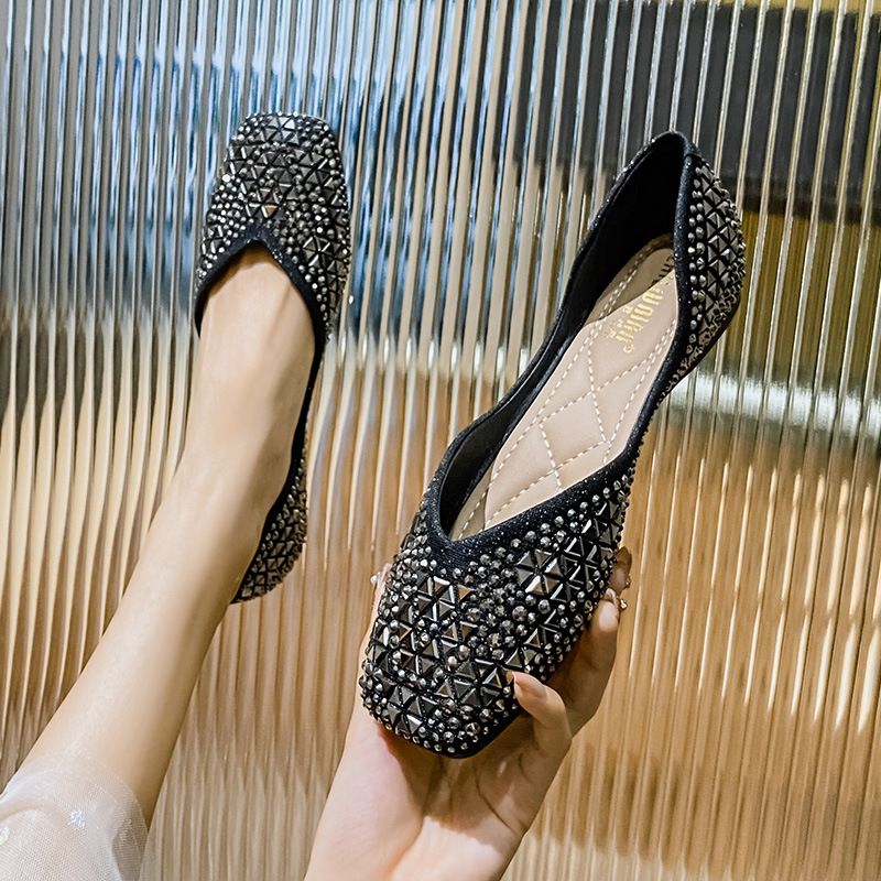 Large-size square-toe rhinestone single shoes, fully diamond-encrusted flat-soled low-heeled fairy-like gentle women's shoes