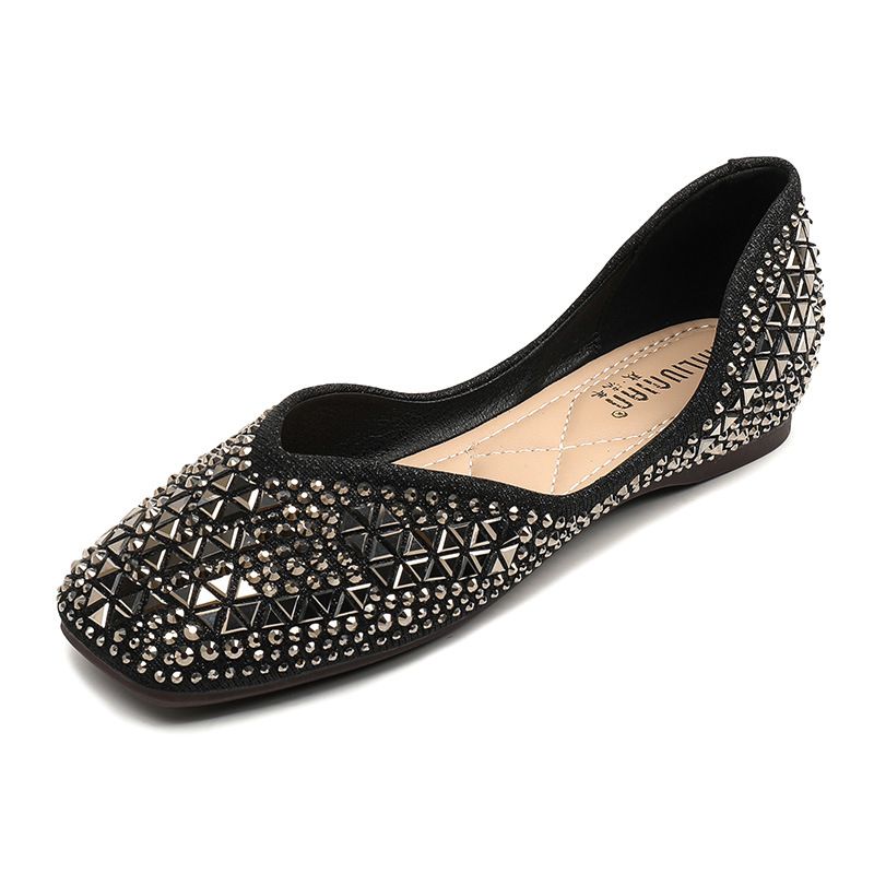 Large-size square-toe rhinestone single shoes, fully diamond-encrusted flat-soled low-heeled fairy-like gentle women's shoes