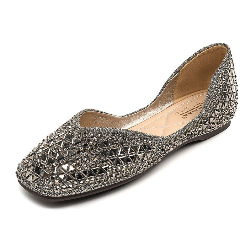 Large-size square-toe rhinestone single shoes, fully diamond-encrusted flat-soled low-heeled fairy-like gentle women's shoes