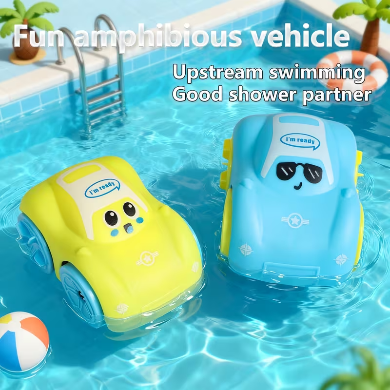 Wind-Up Amphibious Toy Car for Kids | Drives on Land & Swims in Water with Pull Chain | Fun Interactive Bath & Floor Toy for Toddlers |Great Gift