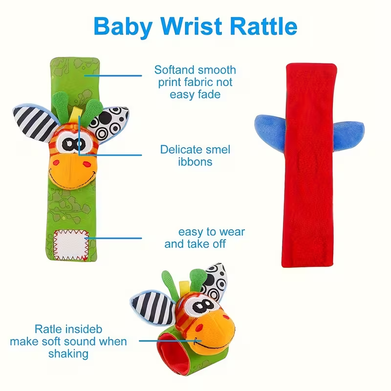 2-in-1 Toy & Socks! 4 Pairs Cartoon Animal Wrist Bell Socks for Newborns | Soft Rattle Socks for Indoor Play & Crawling | Cute & Colorful Infant Gift for Boys & Girls