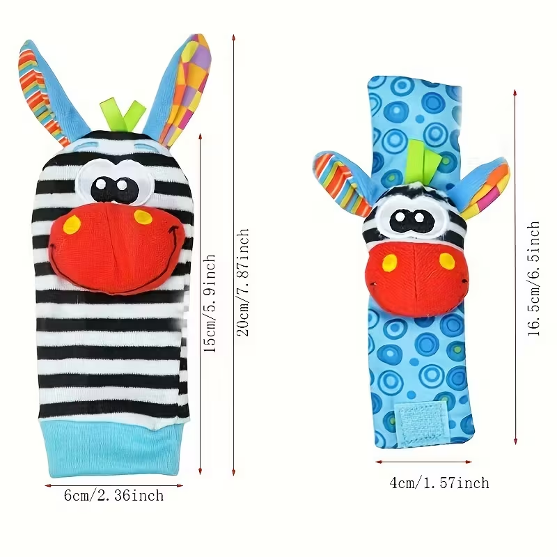 2-in-1 Toy & Socks! 4 Pairs Cartoon Animal Wrist Bell Socks for Newborns | Soft Rattle Socks for Indoor Play & Crawling | Cute & Colorful Infant Gift for Boys & Girls