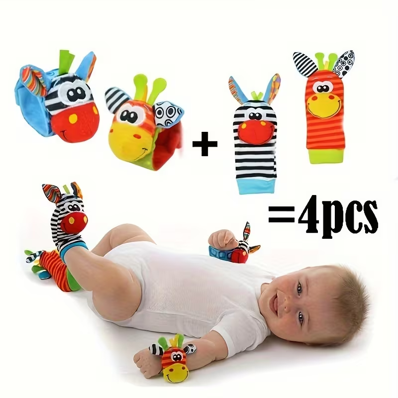 2-in-1 Toy & Socks! 4 Pairs Cartoon Animal Wrist Bell Socks for Newborns | Soft Rattle Socks for Indoor Play & Crawling | Cute & Colorful Infant Gift for Boys & Girls
