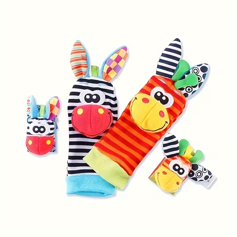 2-in-1 Toy & Socks! 4 Pairs Cartoon Animal Wrist Bell Socks for Newborns | Soft Rattle Socks for Indoor Play & Crawling | Cute & Colorful Infant Gift for Boys & Girls