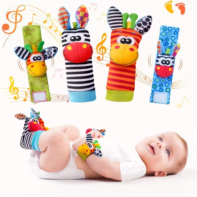 2-in-1 Toy & Socks! 4 Pairs Cartoon Animal Wrist Bell Socks for Newborns | Soft Rattle Socks for Indoor Play & Crawling | Cute & Colorful Infant Gift for Boys & Girls