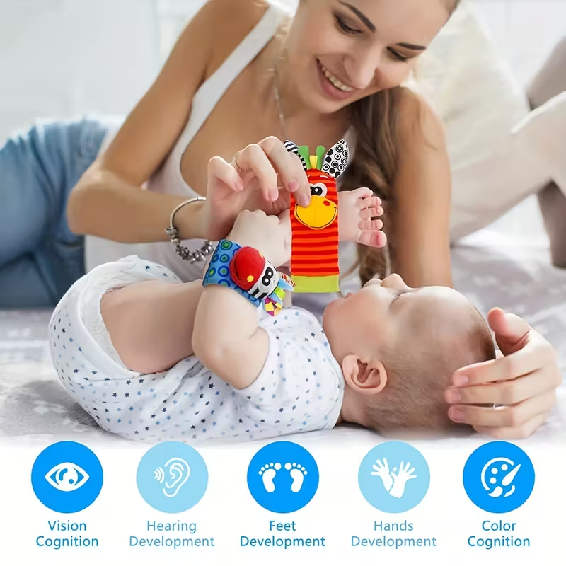 2-in-1 Toy & Socks! 4 Pairs Cartoon Animal Wrist Bell Socks for Newborns | Soft Rattle Socks for Indoor Play & Crawling | Cute & Colorful Infant Gift for Boys & Girls