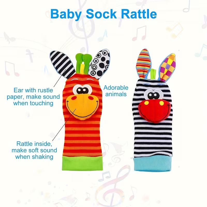 2-in-1 Toy & Socks! 4 Pairs Cartoon Animal Wrist Bell Socks for Newborns | Soft Rattle Socks for Indoor Play & Crawling | Cute & Colorful Infant Gift for Boys & Girls