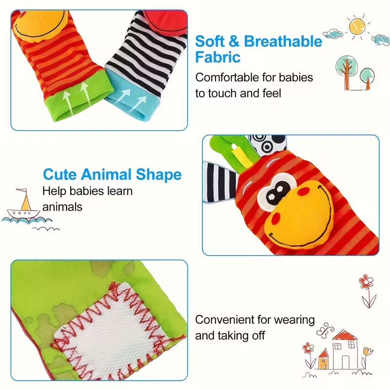 2-in-1 Toy & Socks! 4 Pairs Cartoon Animal Wrist Bell Socks for Newborns | Soft Rattle Socks for Indoor Play & Crawling | Cute & Colorful Infant Gift for Boys & Girls