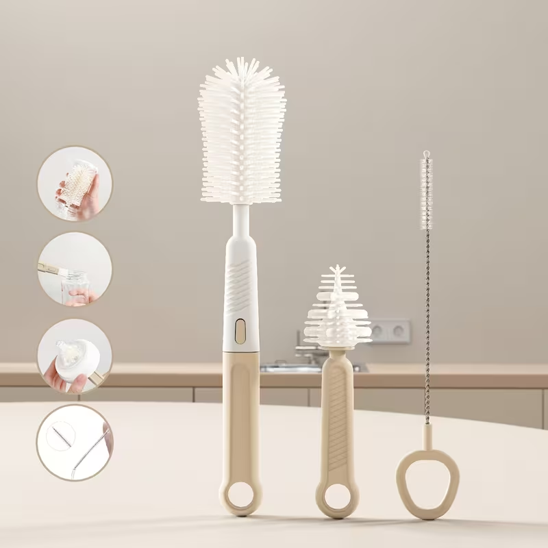 All-in-One Silicone Cleaning Brush Set for Baby Bottles | Includes Handle to Clean Nipple, Straw, Tube & Cup | Durable & Dishwasher Safe