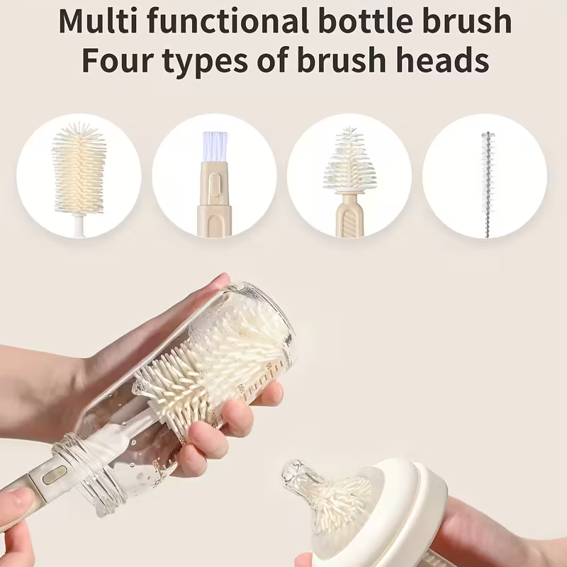 All-in-One Silicone Cleaning Brush Set for Baby Bottles | Includes Handle to Clean Nipple, Straw, Tube & Cup | Durable & Dishwasher Safe