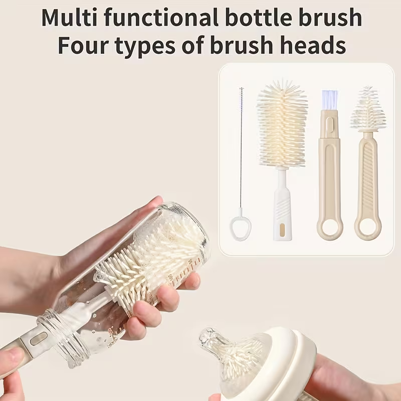 All-in-One Silicone Cleaning Brush Set for Baby Bottles | Includes Handle to Clean Nipple, Straw, Tube & Cup | Durable & Dishwasher Safe