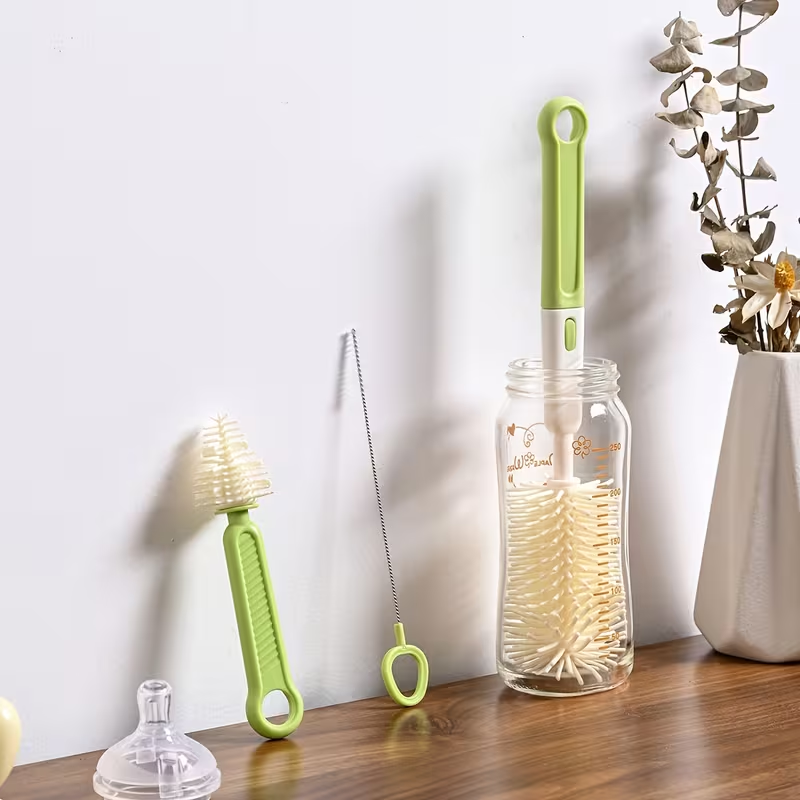 All-in-One Silicone Cleaning Brush Set for Baby Bottles | Includes Handle to Clean Nipple, Straw, Tube & Cup | Durable & Dishwasher Safe