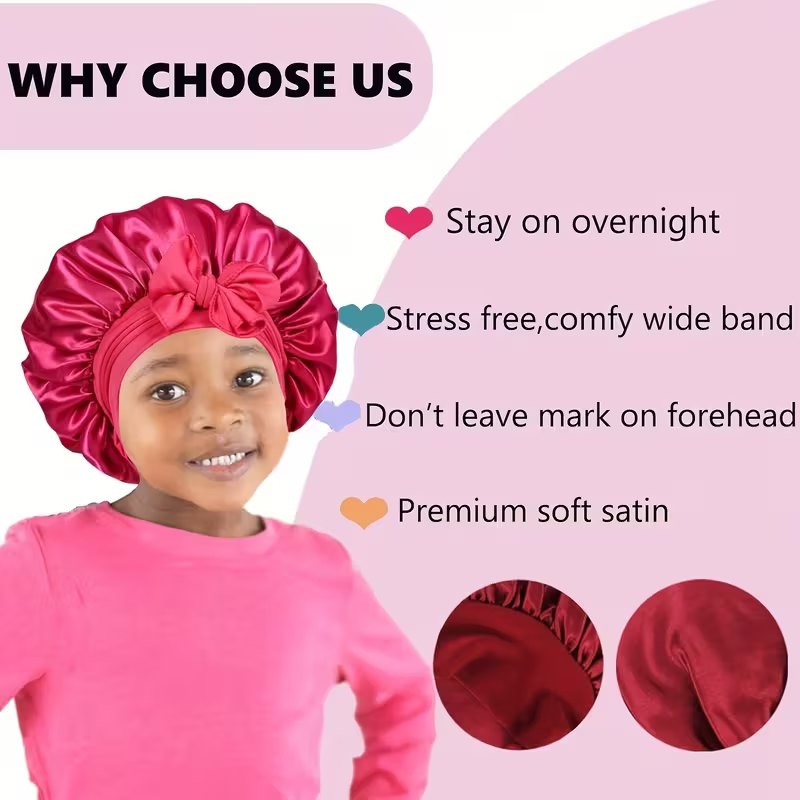 Satin Kids Sleep Cap for Hair Care – Anti-Frizz & Breakage Protection, Adjustable Ties, Soft & Breathable, Perfect for Bedtime, Travel & Daily Use, Cute Gift for Girls