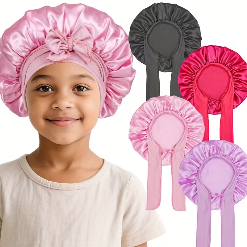 Satin Kids Sleep Cap for Hair Care – Anti-Frizz & Breakage Protection, Adjustable Ties, Soft & Breathable, Perfect for Bedtime, Travel & Daily Use, Cute Gift for Girls