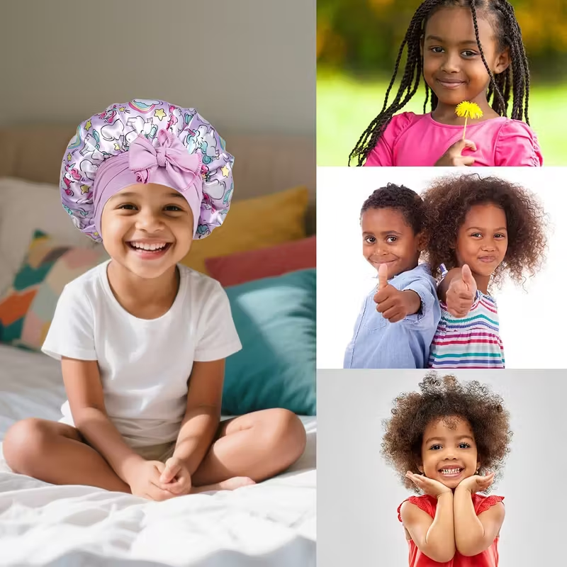 Satin Kids Sleep Cap for Hair Care – Anti-Frizz & Breakage Protection, Adjustable Ties, Soft & Breathable, Perfect for Bedtime, Travel & Daily Use, Cute Gift for Girls