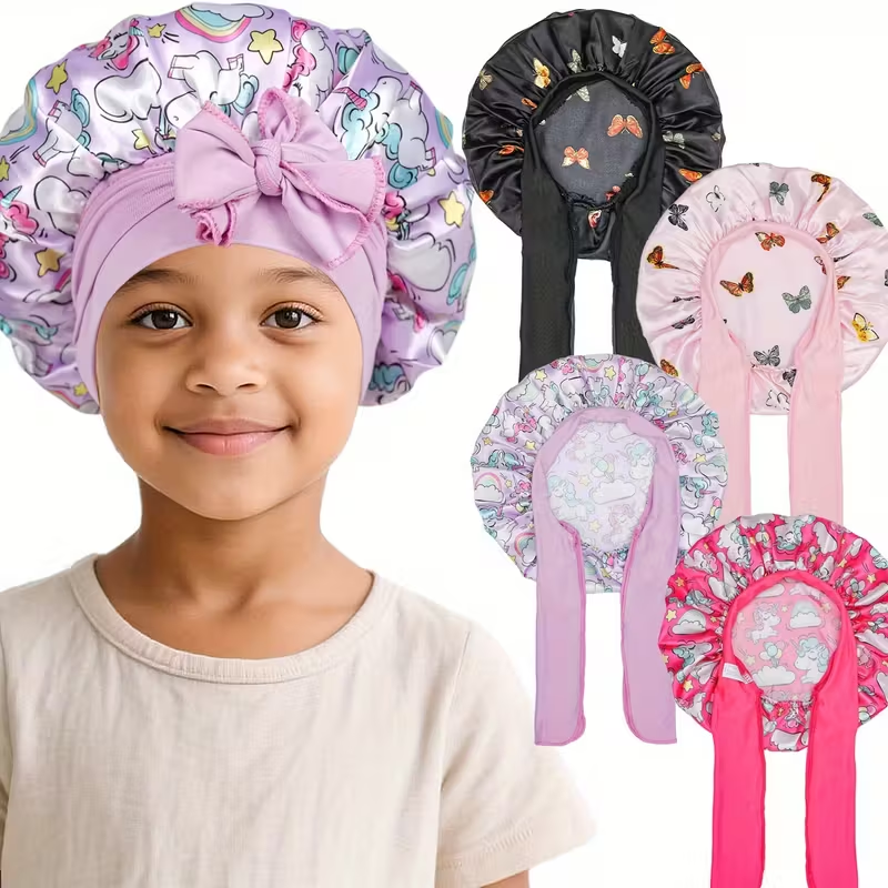 Satin Kids Sleep Cap for Hair Care – Anti-Frizz & Breakage Protection, Adjustable Ties, Soft & Breathable, Perfect for Bedtime, Travel & Daily Use, Cute Gift for Girls