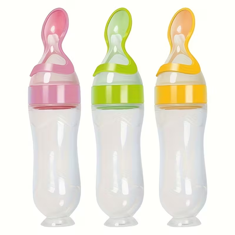All-in-One Baby Food Feeder – 90ml Silicone Squeeze Bottle with Attached Spoon, for Cereal, Puree & Supplements, Easy Grip & Control for 6+ Months, Great for Home, Travel & Baby-Led Weaning