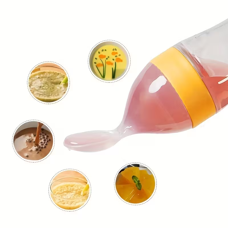 All-in-One Baby Food Feeder – 90ml Silicone Squeeze Bottle with Attached Spoon, for Cereal, Puree & Supplements, Easy Grip & Control for 6+ Months, Great for Home, Travel & Baby-Led Weaning