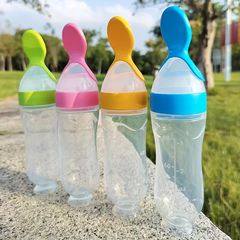 All-in-One Baby Food Feeder – 90ml Silicone Squeeze Bottle with Attached Spoon, for Cereal, Puree & Supplements, Easy Grip & Control for 6+ Months, Great for Home, Travel & Baby-Led Weaning